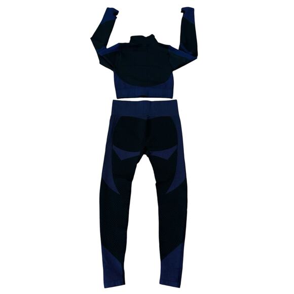 New Mix Zip Up Cropped Active Top & High Waist Leggings Set Black & Blue Size S - Picture 3 of 6